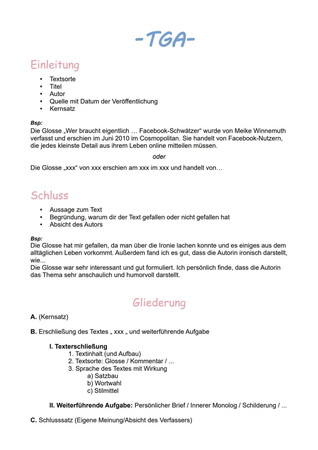 TGA - Inhaltsangabe
Im Vorspann (Z. - ) wird von ... berichtet.
In den Zeilen - geht es um...
Im nächsten Abschnitt (Z. - ) wird erzählt...
