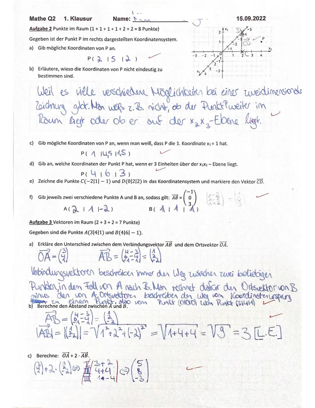 Mathe Q2
1. Klausur
Name:
Prüfungsteil 1: ohne GTR, ohne Formelsammlung (max. 45 min.)
Aufgabe 1 Punkte und Vektoren im Raum (5+3+1+5 = 14 P