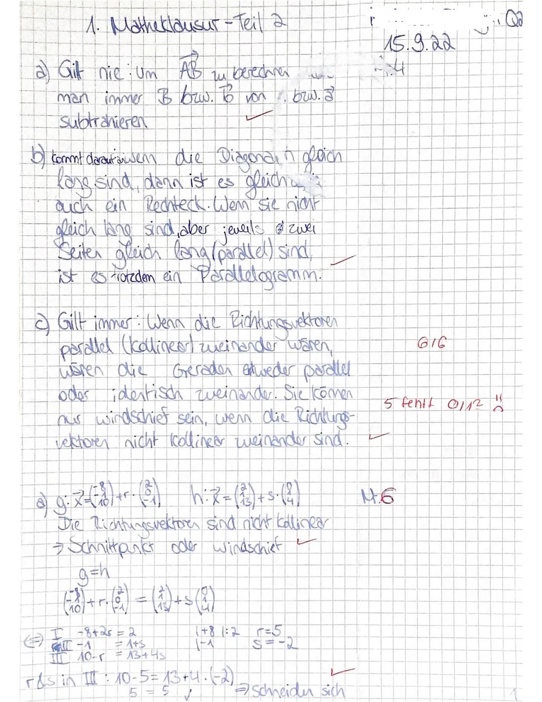 Mathe Q2
1. Klausur
Name:
Prüfungsteil 1: ohne GTR, ohne Formelsammlung (max. 45 min.)
Aufgabe 1 Punkte und Vektoren im Raum (5+3+1+5 = 14 P