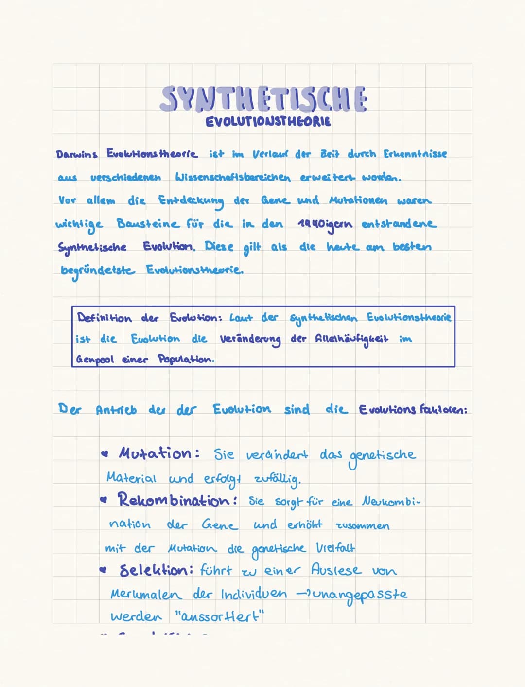 SYNTHETISCHE
EVOLUTIONSTHEORIE
Darwins Evolutions theorie ist im Verlauf der Zeit durch Erkenntnisse
aus verschiedenen Wissenschaftsbereiche