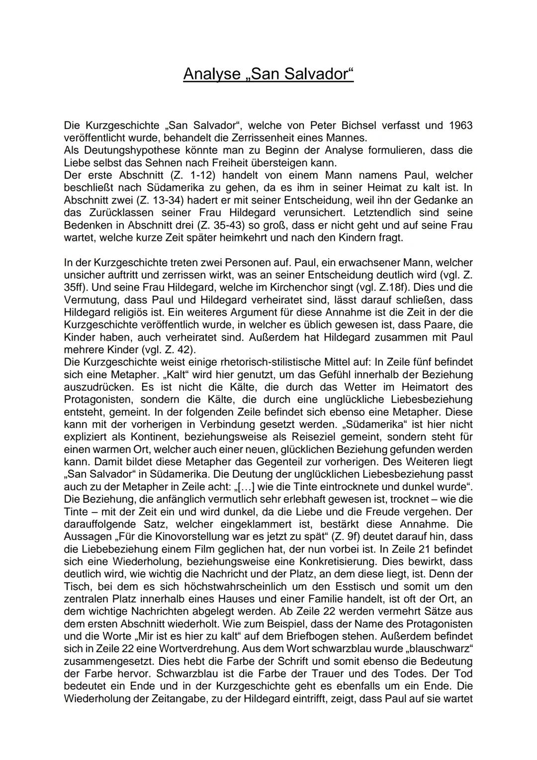 Analyse San Salvador"
Die Kurzgeschichte San Salvador", welche von Peter Bichsel verfasst und 1963
veröffentlicht wurde, behandelt die Zerri