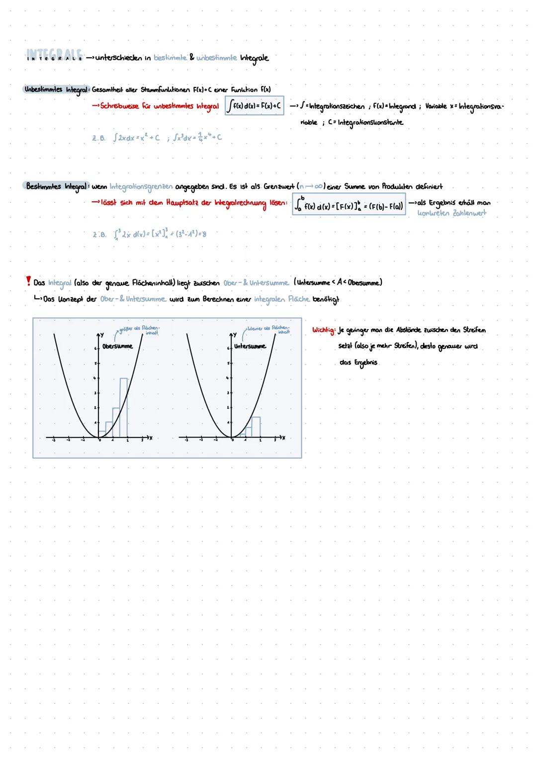 Integralrechnung
Integral: Oberbegriff für bestimmtes und unbestimmtes Integral - Berechnung nennt sich INTEGRATION
NUTZEN: bei Flachen- & V