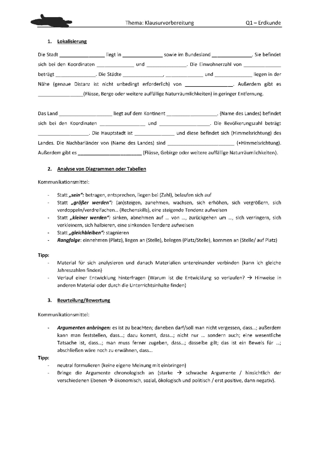 Formulierungshilfen Erdkunde