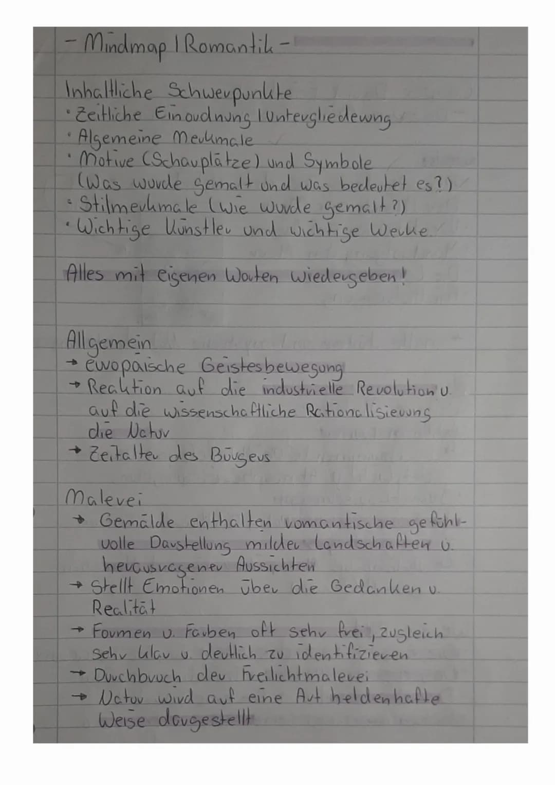 - Mindmap | Romantik-
Inhaltliche Schwerpunkte
• Zeitliche Einordnung untergliedewing
• Algemeine Merkmale
Motive (Schauplätze) und Symbole
