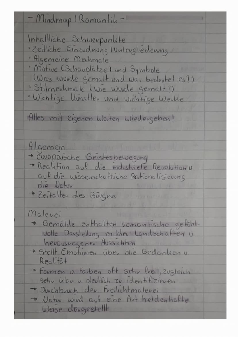 - Mindmap | Romantik-
Inhaltliche Schwerpunkte
• Zeitliche Einordnung untergliedewing
• Algemeine Merkmale
Motive (Schauplätze) und Symbole
