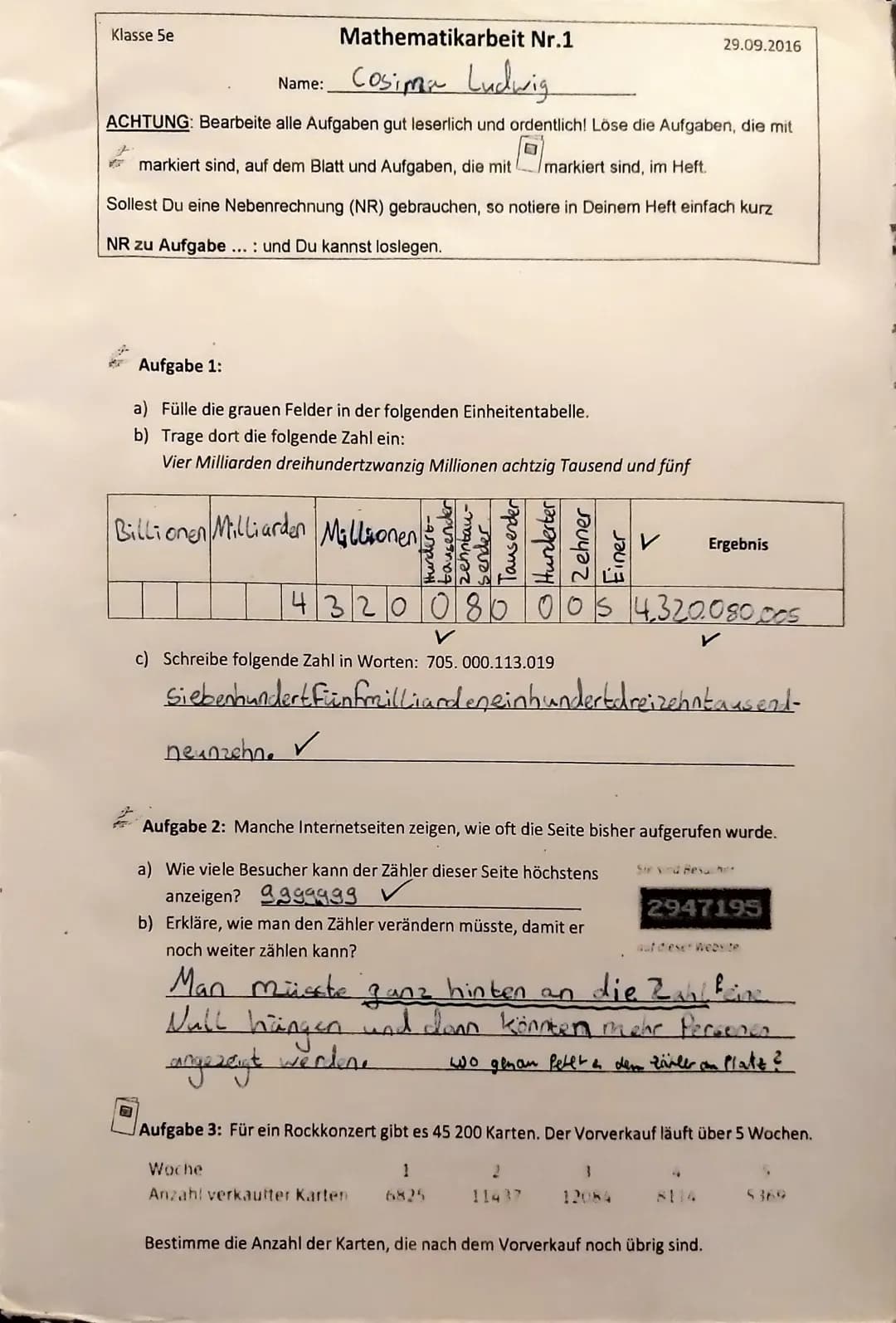 Mathematikarbeit Nr.1
Name: Cosima Ludwig
ACHTUNG: Bearbeite alle Aufgaben gut leserlich und ordentlich! Löse die Aufgaben, die mit
Klasse 5
