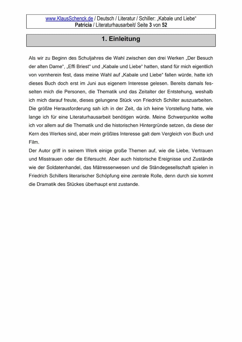 Kabale und Liebe
Dichter:
Titel:
Verfasser:
Klasse:
Schule:
Friedrich Schiller
Kabale und Liebe
Patricia
WG 11.1
Wirtschaftsgymnasium
an der
