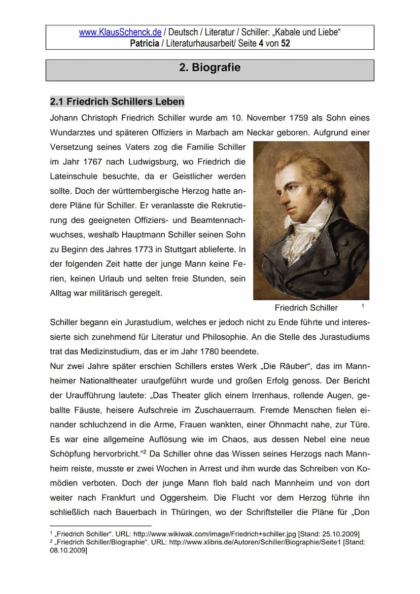 Kabale und Liebe
Dichter:
Titel:
Verfasser:
Klasse:
Schule:
Friedrich Schiller
Kabale und Liebe
Patricia
WG 11.1
Wirtschaftsgymnasium
an der