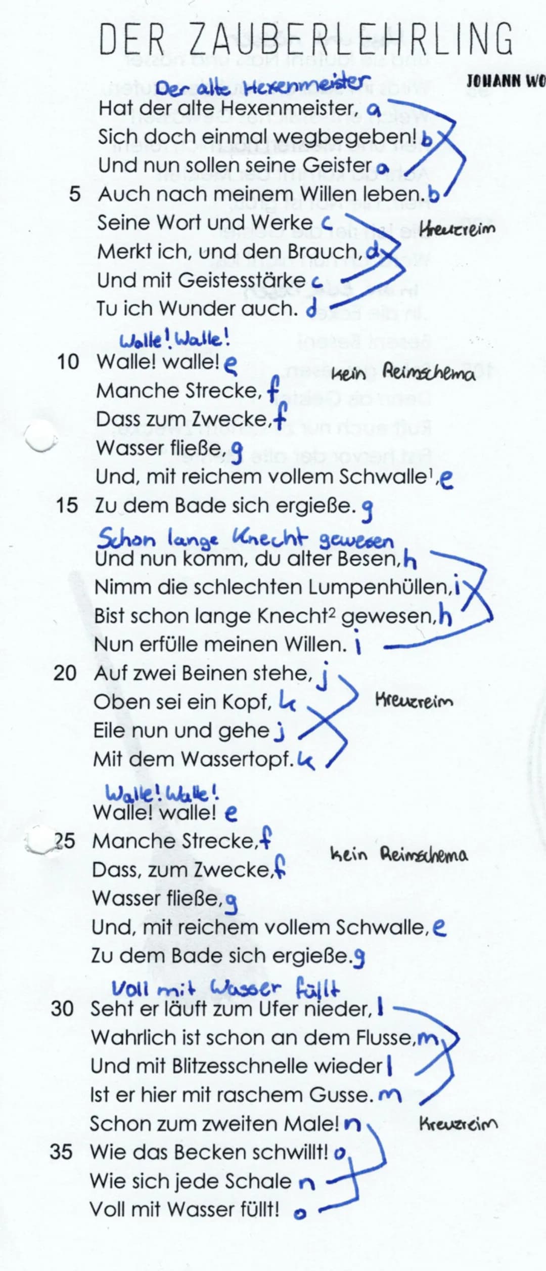 DER ZAUBERLEHRLING
Der alte Hexenmeister
Hat der alte Hexenmeister, a
Sich doch einmal wegbegeben! b
Und nun sollen seine Geister.
5 Auch na