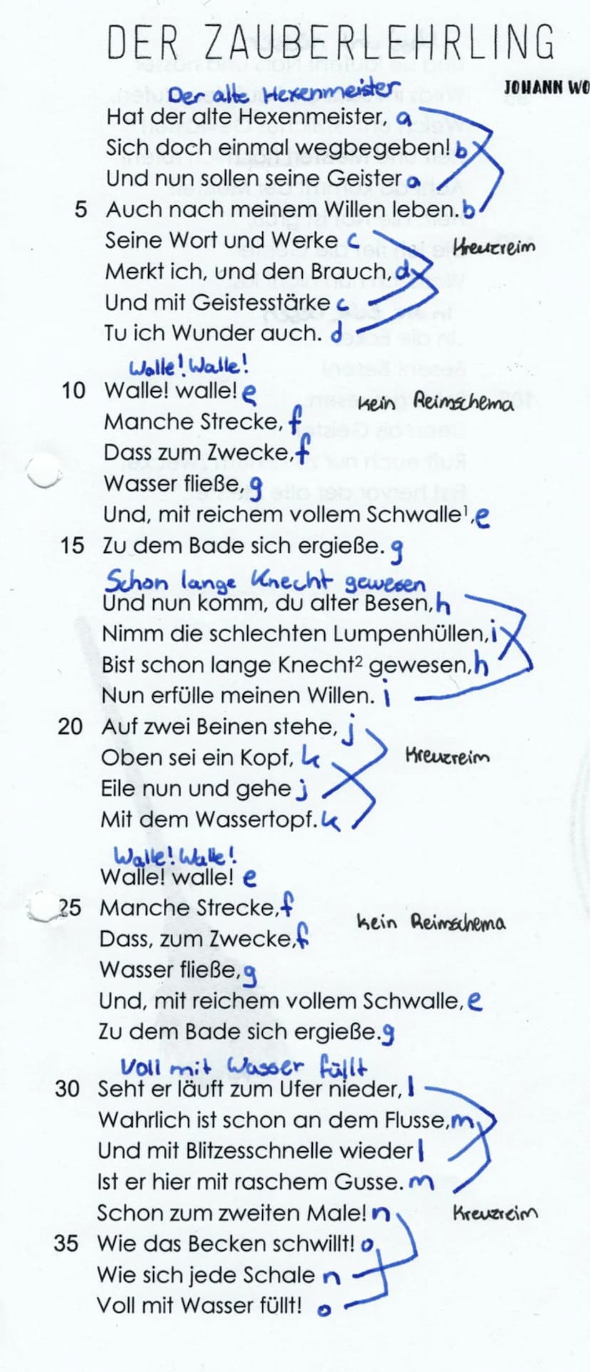 DER ZAUBERLEHRLING
Der alte Hexenmeister
Hat der alte Hexenmeister, a
Sich doch einmal wegbegeben! b
Und nun sollen seine Geister.
5 Auch na