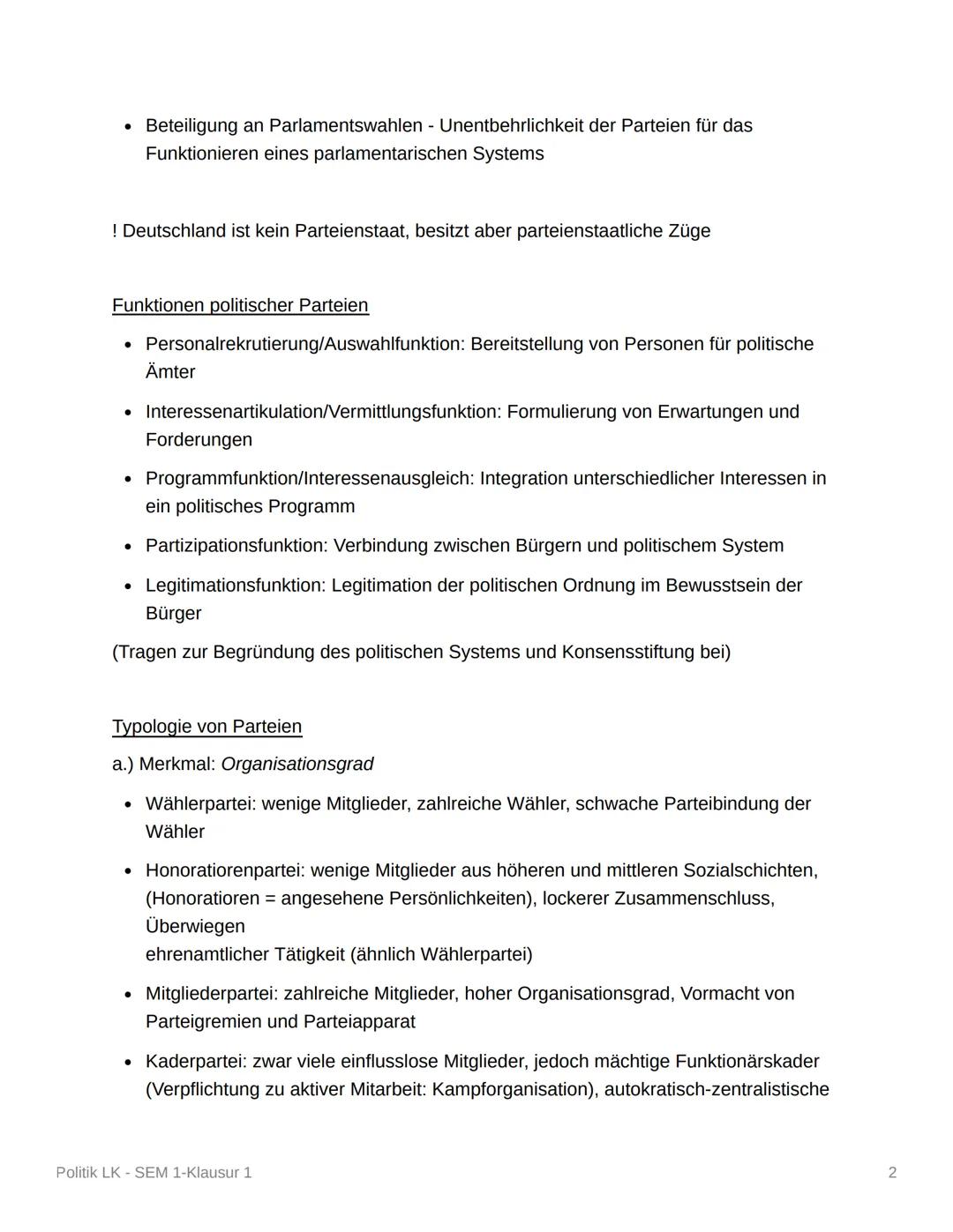 Politik LK - SEM 1-Klausur 1
Politische Partizipation und Parteien
Parteienbegriff-Definition/Merkmale (DE)
Parteiengesetz (1967):
• Dauerha
