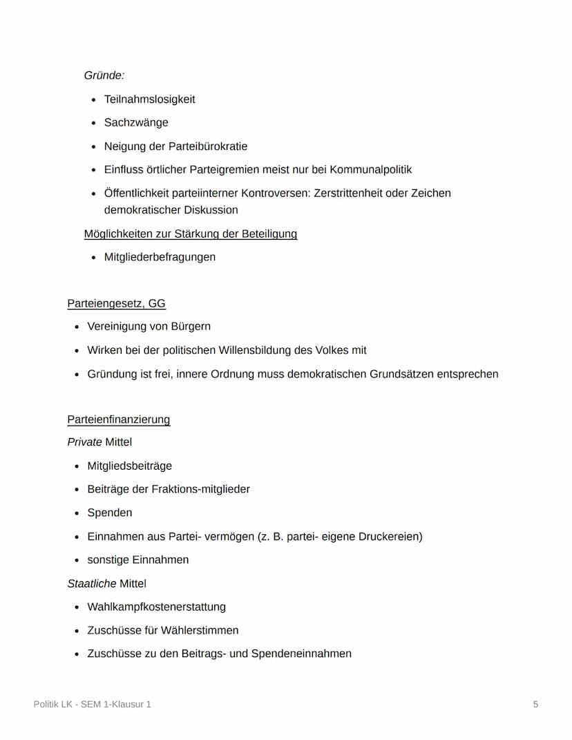 Politik LK - SEM 1-Klausur 1
Politische Partizipation und Parteien
Parteienbegriff-Definition/Merkmale (DE)
Parteiengesetz (1967):
• Dauerha