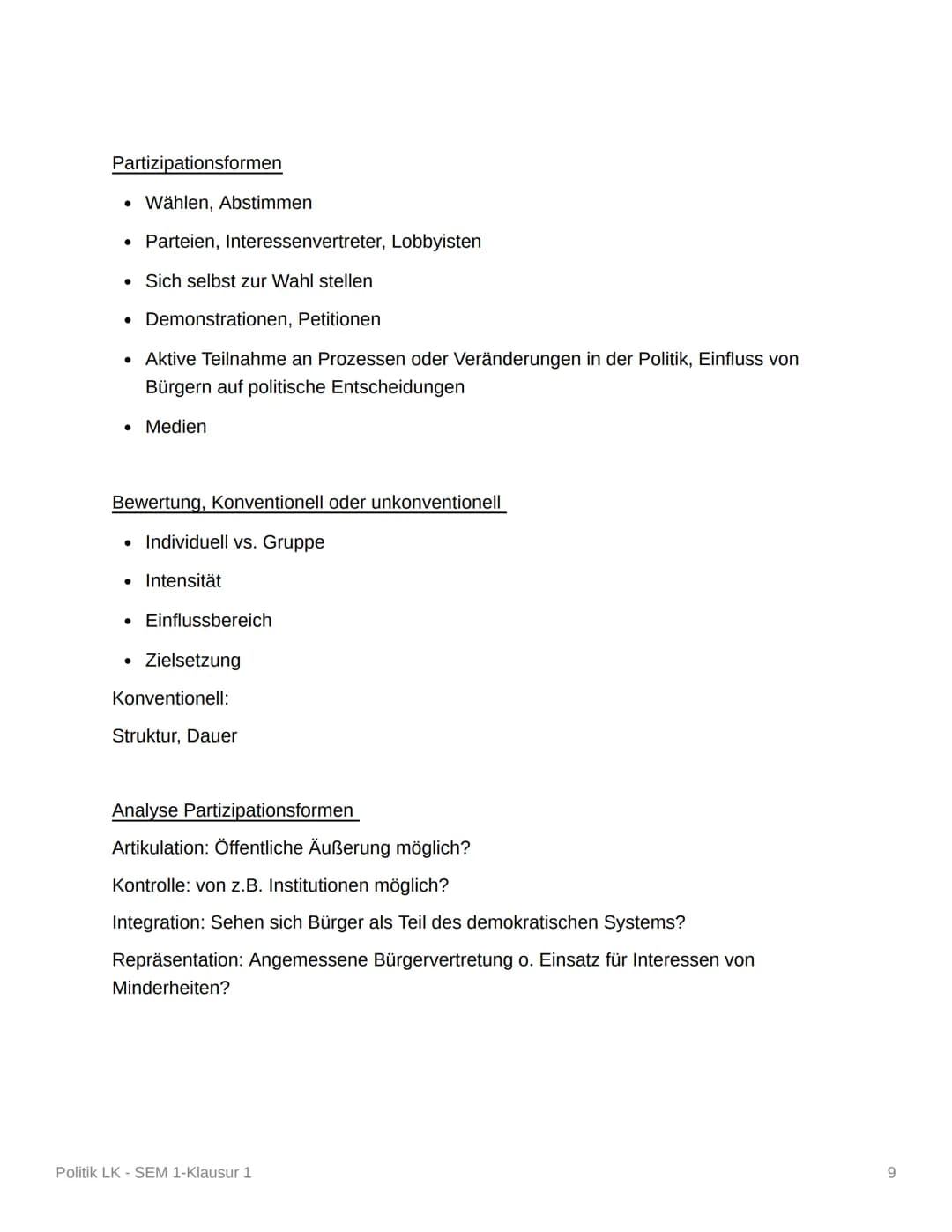 Politik LK - SEM 1-Klausur 1
Politische Partizipation und Parteien
Parteienbegriff-Definition/Merkmale (DE)
Parteiengesetz (1967):
• Dauerha