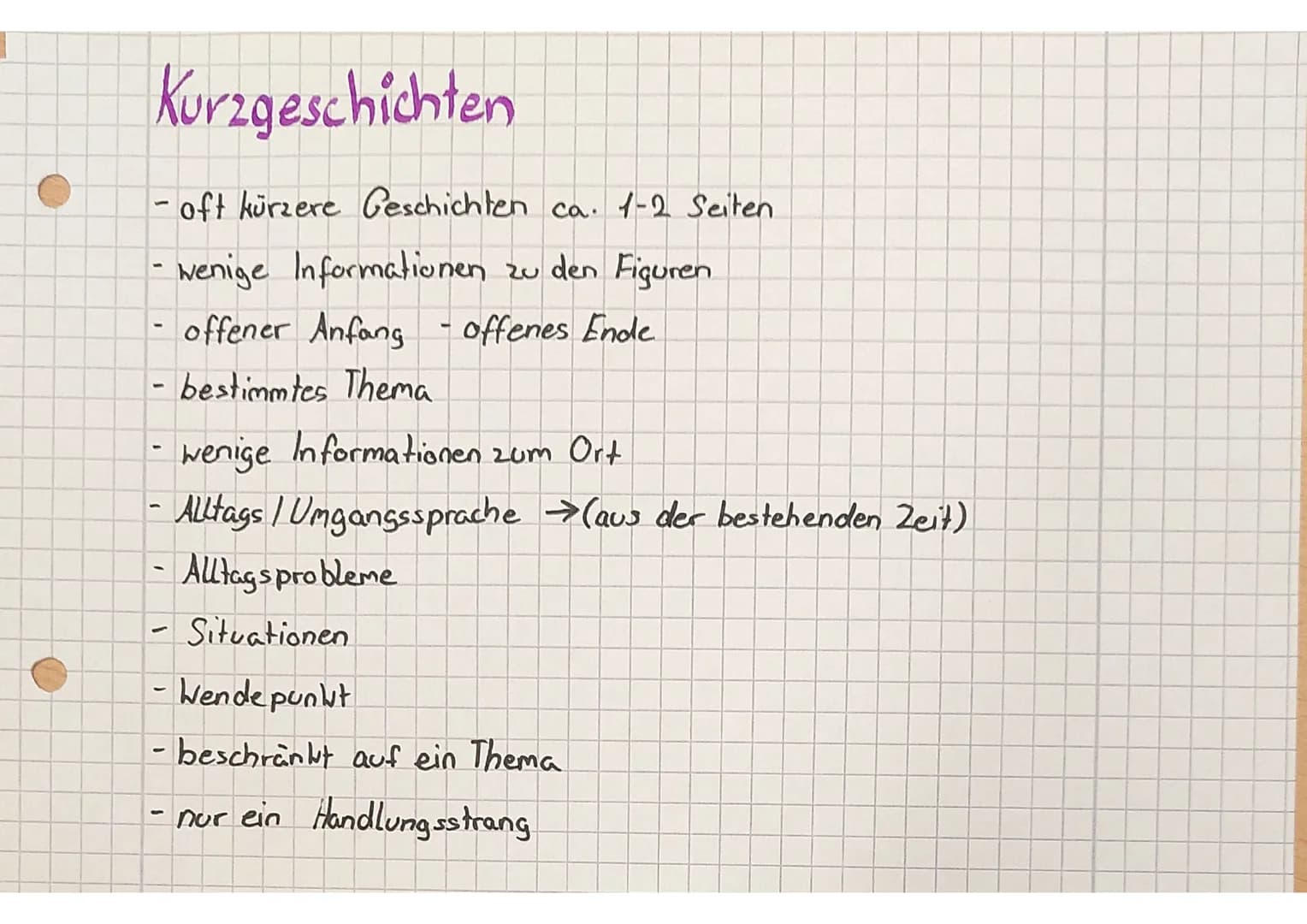Kurzgeschichten
- oft kürzere Geschichten ca. 1-2 Seiten.
- wenige Informationen zu den Figuren
offener Anfang - offenes Ende
- bestimmtes T