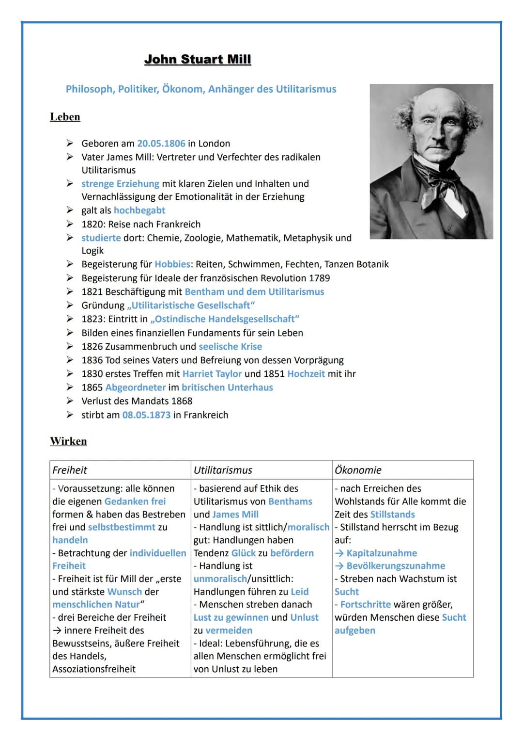 Philosoph, Politiker, Ökonom, Anhänger des Utilitarismus
Leben
►
►
John Stuart Mill
Geboren am 20.05.1806 in London
Vater James Mill: Vertre