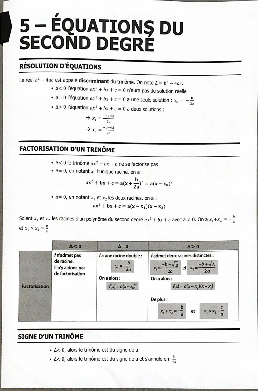 # 5- ÉQUATIONS DU
SECOND DEGRE

## RÉSOLUTION D'ÉQUATIONS

Le réel b2-4ac est appelé discriminant du trinôme. On note A = b²-4ac.

*   A< 0 