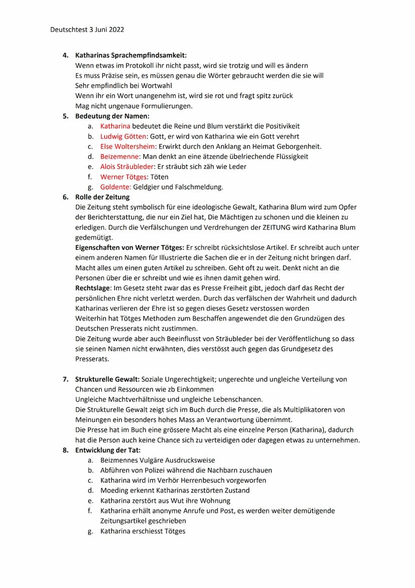 Deutschtest 3 Juni 2022
Teil Literatur: die verlorene Ehre der Katharina Blum
2.
1. "Ehre" = Wertschätzung und Achtung die ein Mensch von se