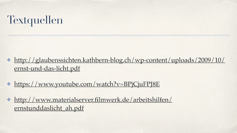 Ernst und das Licht
Kurzfilm Jesus Gliederung
Allgemeine Infos
* Personen und Schauspieler
* Handlung
* Darstellung Jesus
* Darstellung Mens