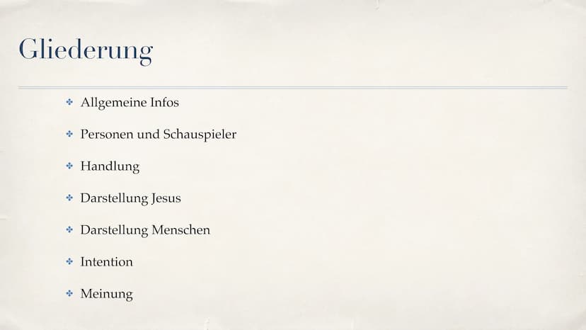 Ernst und das Licht
Kurzfilm Jesus Gliederung
Allgemeine Infos
* Personen und Schauspieler
* Handlung
* Darstellung Jesus
* Darstellung Mens