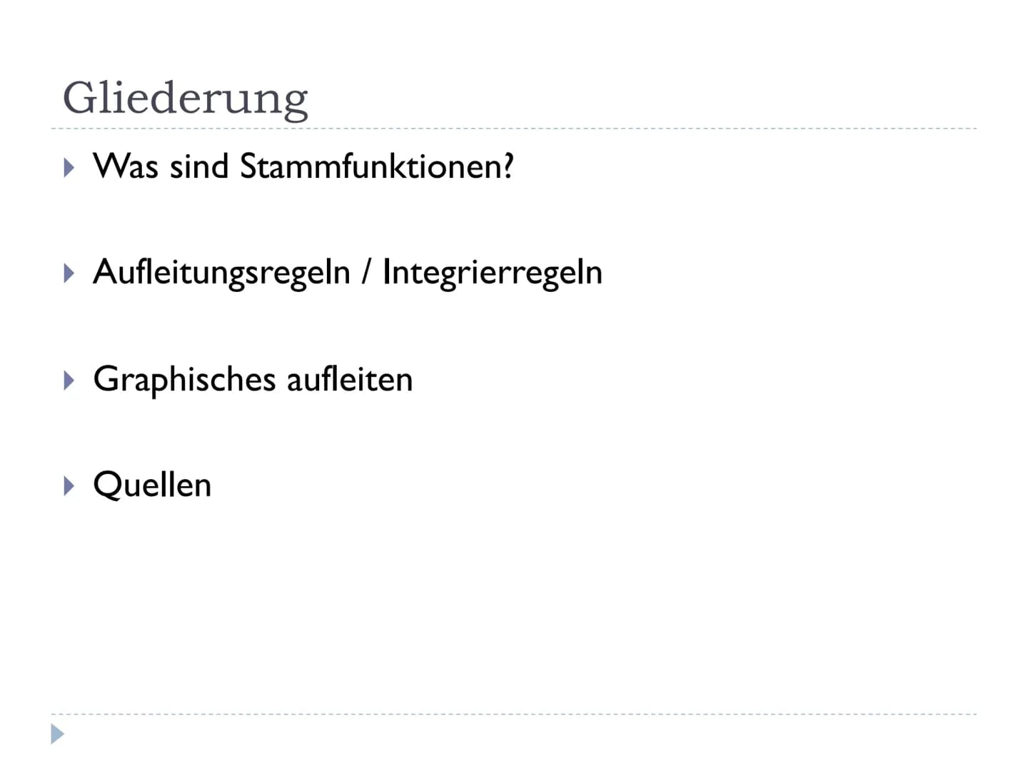 
<h2 id="wassindstammfunktionen">Was sind Stammfunktionen?</h2>
<p>Eine Stammfunktion ist eine differenzierbare Funktion F, die eine Ableitu