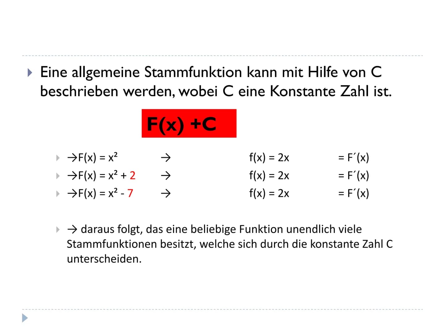 
<h2 id="wassindstammfunktionen">Was sind Stammfunktionen?</h2>
<p>Eine Stammfunktion ist eine differenzierbare Funktion F, die eine Ableitu