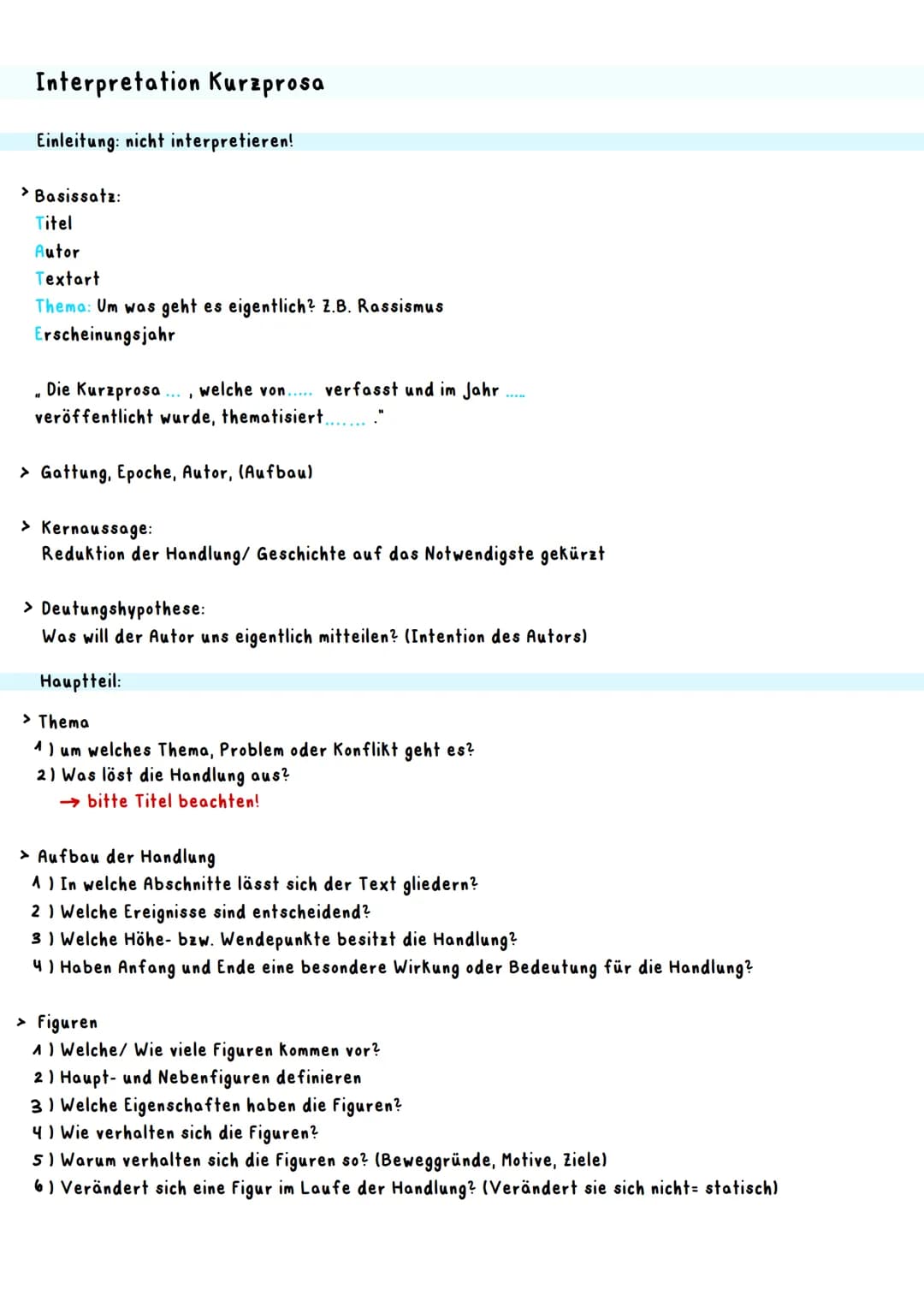 Interpretation Kurzprosa
Einleitung: nicht interpretieren!
> Basissatz:
Titel
Autor
Textart
Thema: Um was geht es eigentlich? Z.B. Rassismus