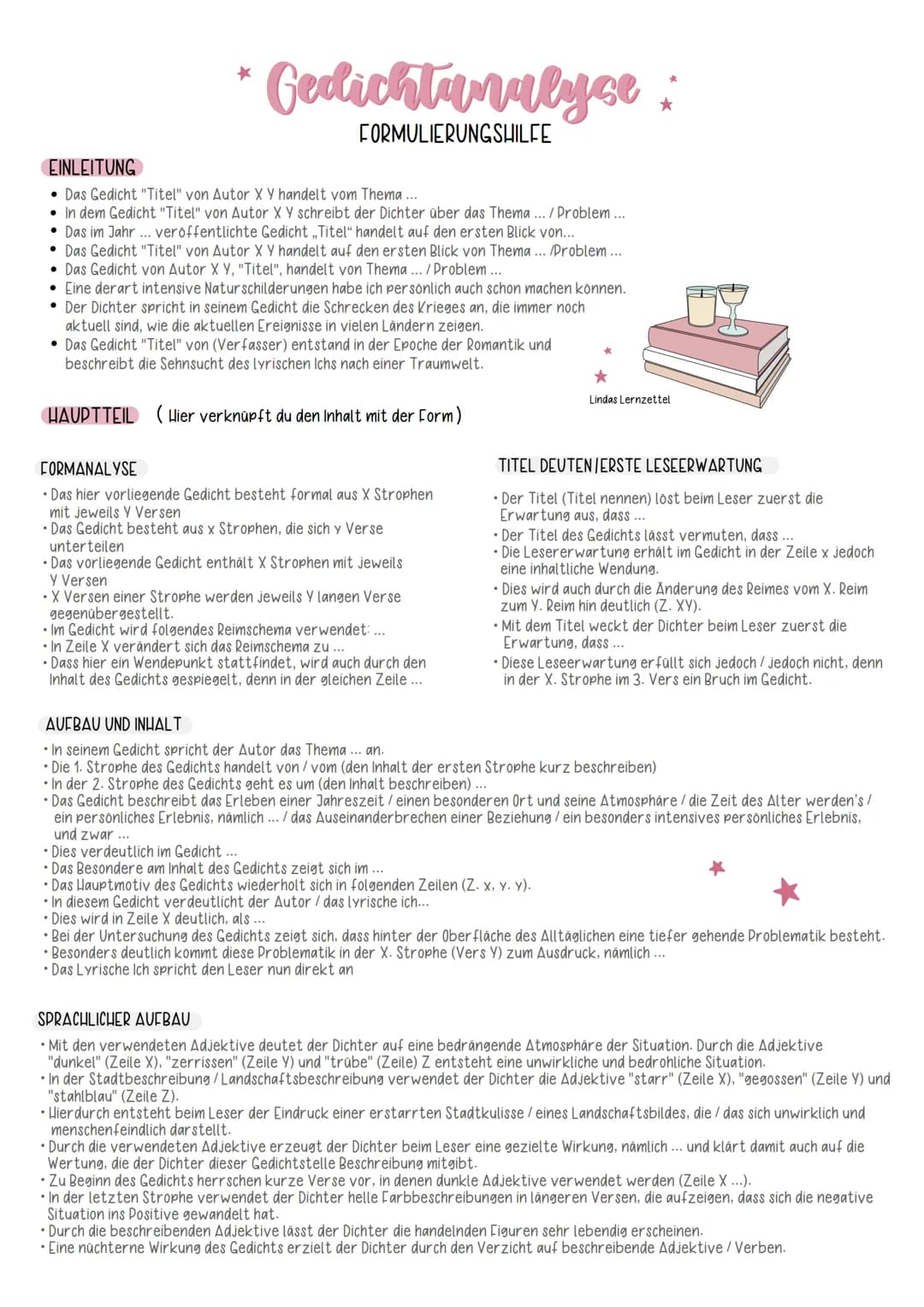 *
●
Gedichtunulyce:
FORMULIERUNGSHILFE
EINLEITUNG
. Das Gedicht "Titel" von Autor X Y handelt vom Thema ...
• In dem Gedicht "Titel" von Aut