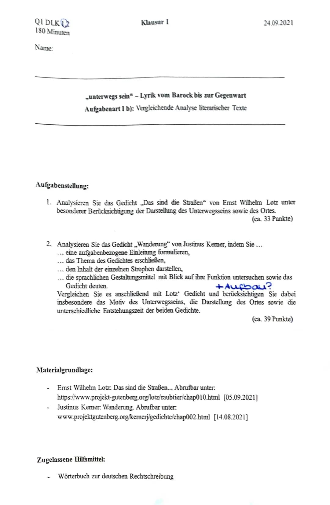 1. Klausur Deutsch LK
Das(mir) vorliegende
Gedicht Das sind die
Straßen..." wurde im
veröffentlicht! Jahre 1913 von Ernst
Wilhelm Lotz verfa