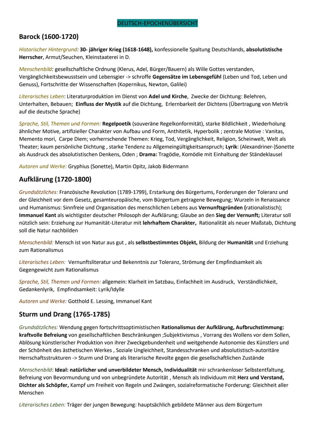 DEUTSCH-EPOCHENÜBERSICHT
Barock (1600-1720)
Historischer Hintergrund: 30-jähriger Krieg (1618-1648), konfessionelle Spaltung Deutschlands, a