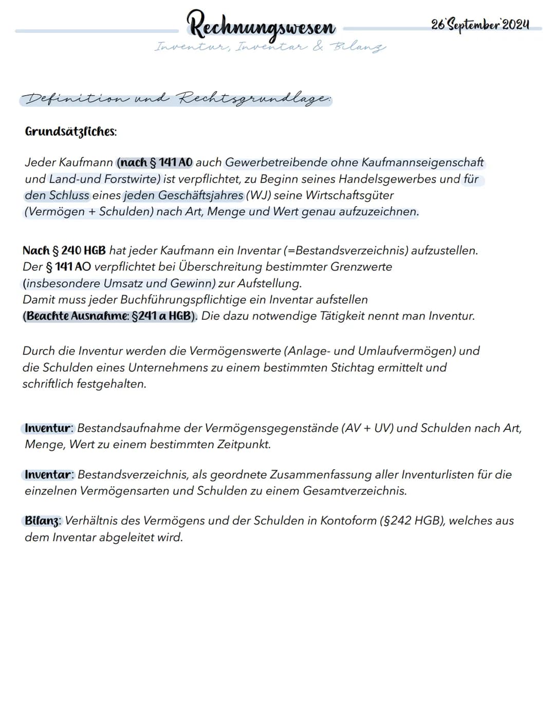 NOTEBOOK
Inventur, Inventar und Bilanz
GOOD MONDAYS PAPER Rechnungswesen
Inventur, Inventar & Bilanz
26 September 2024
Definition und Rechts