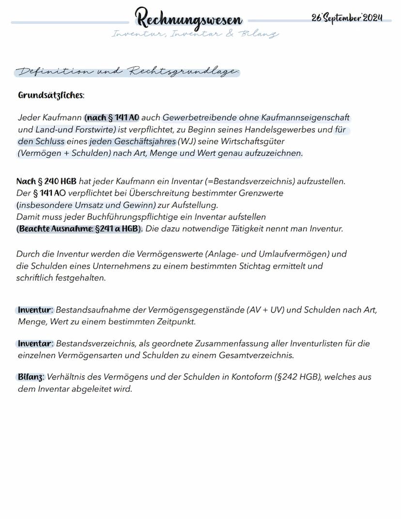 NOTEBOOK
Inventur, Inventar und Bilanz
GOOD MONDAYS PAPER Rechnungswesen
Inventur, Inventar & Bilanz
26 September 2024
Definition und Rechts