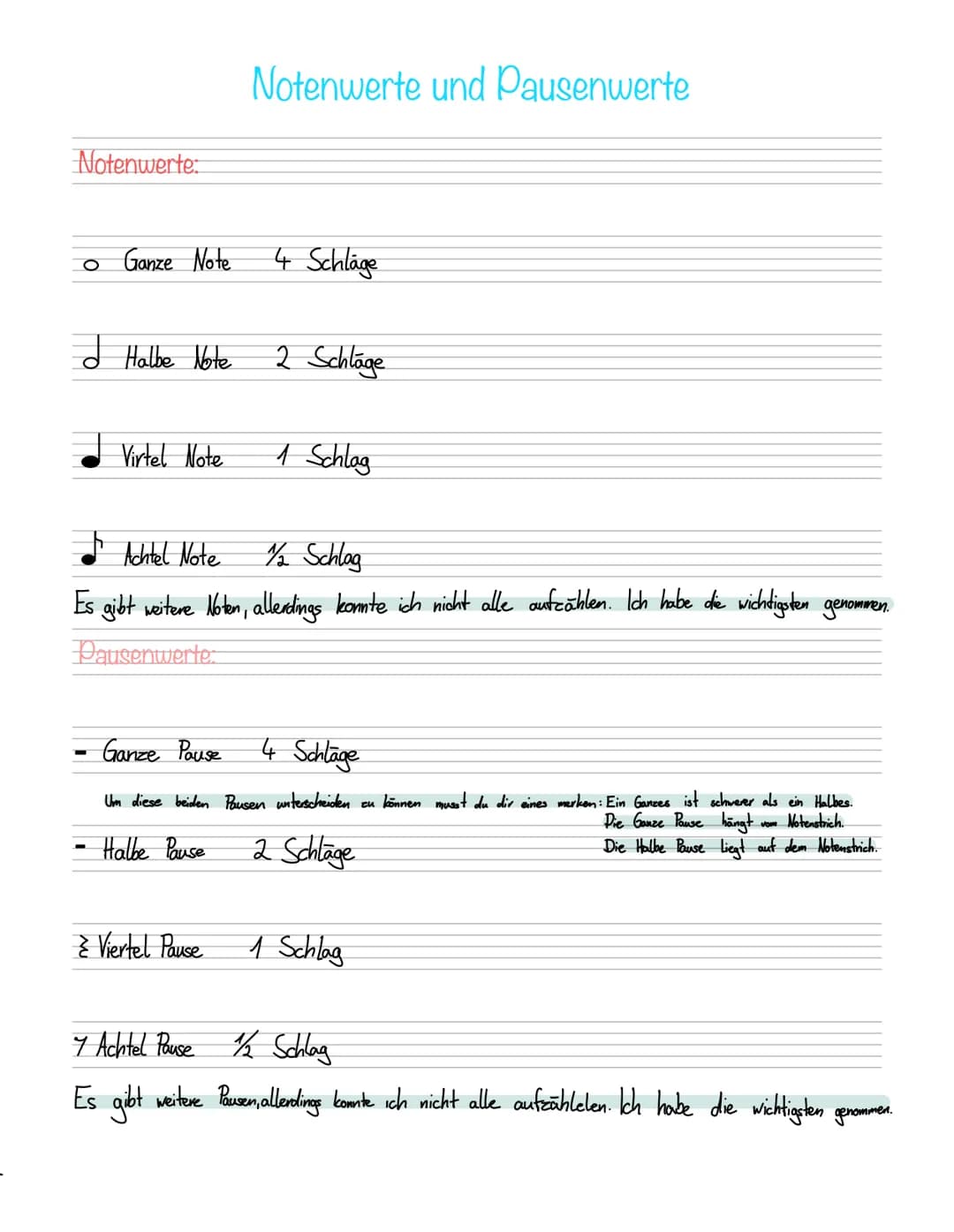 Notenwerte:
。 Ganze Note
I Halbe Note
Virtel Note
-
- Ganze Pause
Notenwerte und Pausenwerte
4 Schläge
Achtel Note
1/2 Schlag
Es gibt weiter