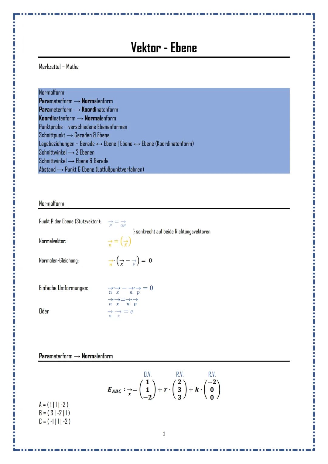▪▪‒‒‒‒‒‒‒‒‒‒‒I▬▬▬▬▬▬
Merkzettel Mathe
Normalform
Parameterform →Normalenform
Parameterform →→ Koordinatenform
Koordinatenform → Normalenform
