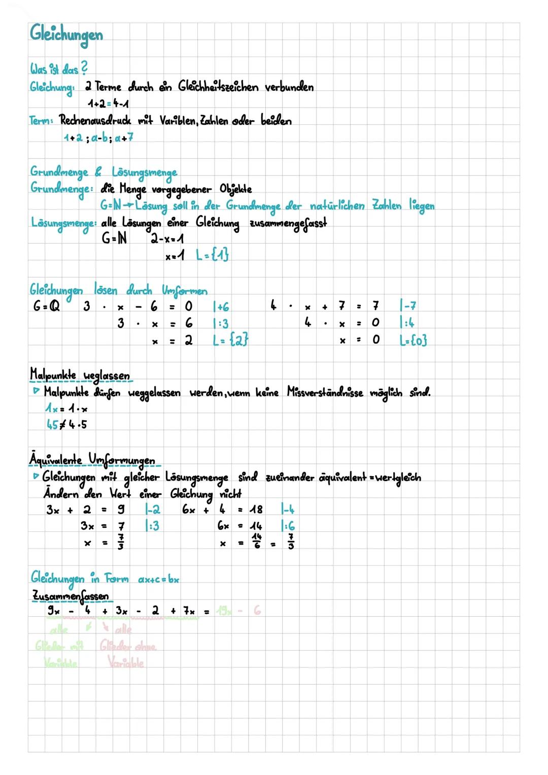 Gleichungen
Was ist das?
Gleichung: 2 Terme durch ein Gleichheitszeichen verbunden
1+2=4-1
Term: Rechenausdruck mit Variblen, Zahlen oder be