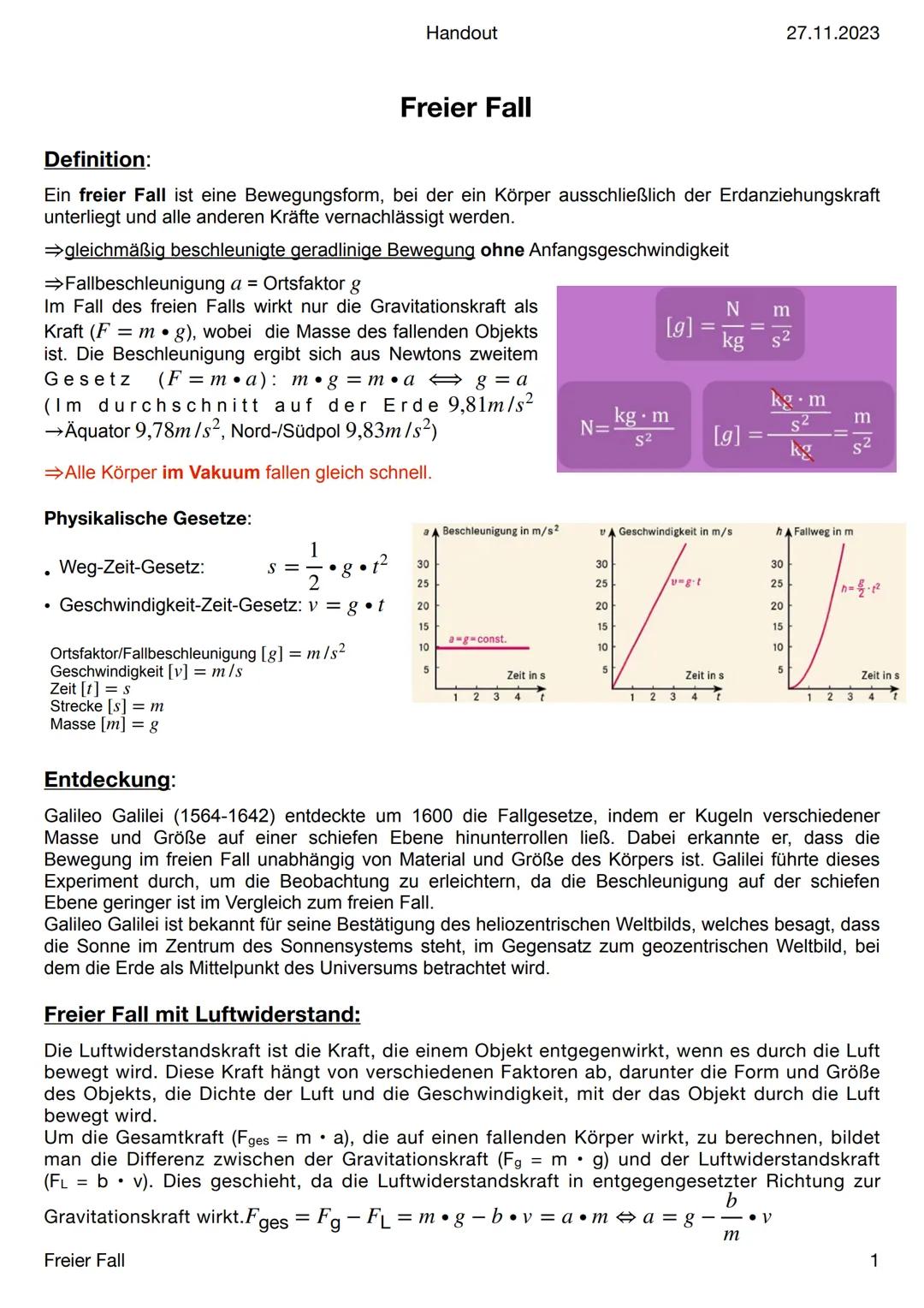 Handout
27.11.2023

Freier Fall

Definition:
Ein freier Fall ist eine Bewegungsform, bei der ein Körper ausschließlich der Erdanziehungskraf
