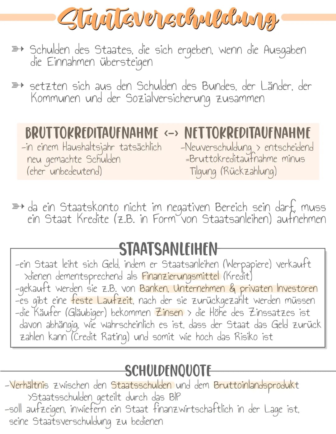 Staatsverschuldung
→→Schulden des Staates, die sich ergeben, wenn die Ausgaben
die Einnahmen übersteigen
setzten sich aus den Schulden des B