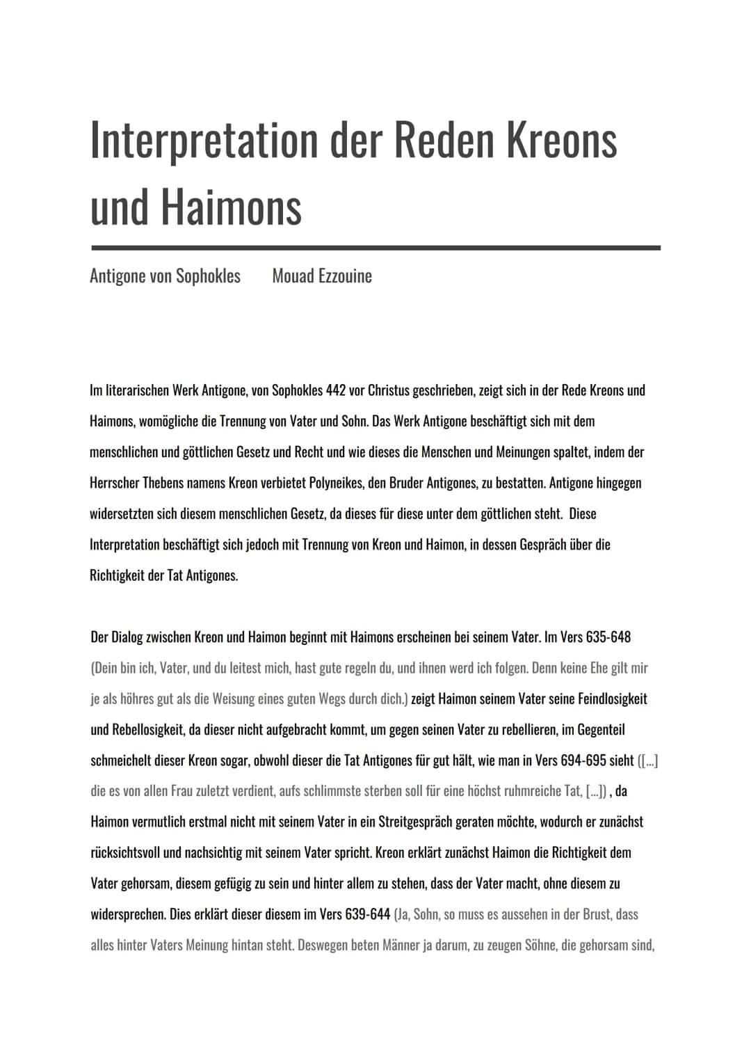 Interpretation der Reden Kreons
und Haimons
Antigone von Sophokles
Mouad Ezzouine
Im literarischen Werk Antigone, von Sophokles 442 vor Chri