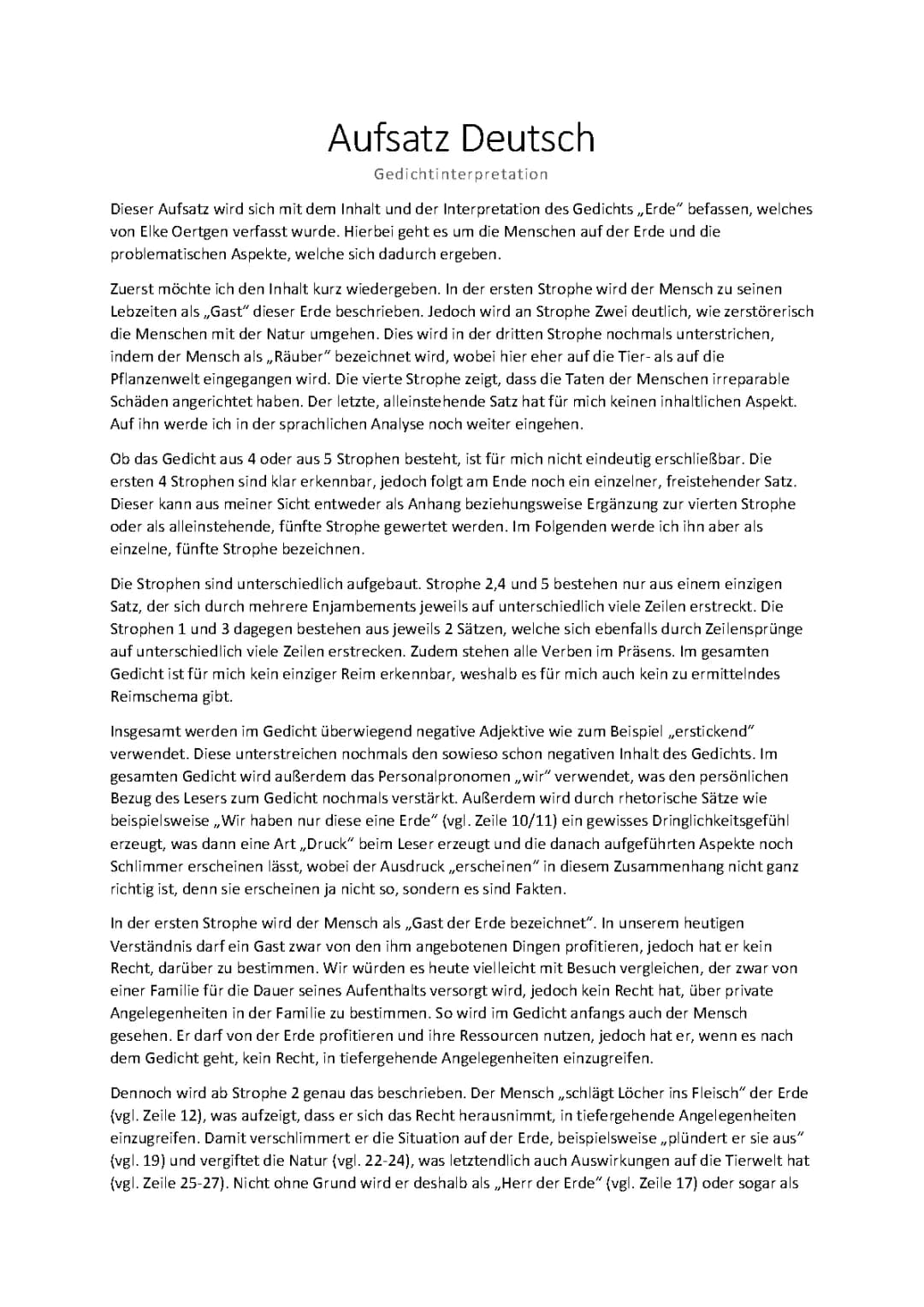 Wie schreibt man am besten eine Gedichtinterpretation? - Beispiel: 'Erde' von Elke Oertgen