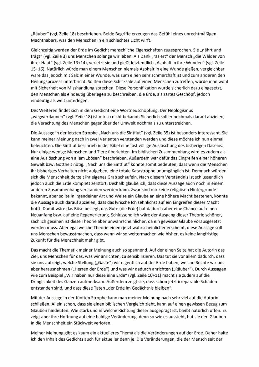 Aufsatz Deutsch
Dieser Aufsatz wird sich mit dem Inhalt und der Interpretation des Gedichts ,,Erde" befassen, welches
von Elke Oertgen verfa