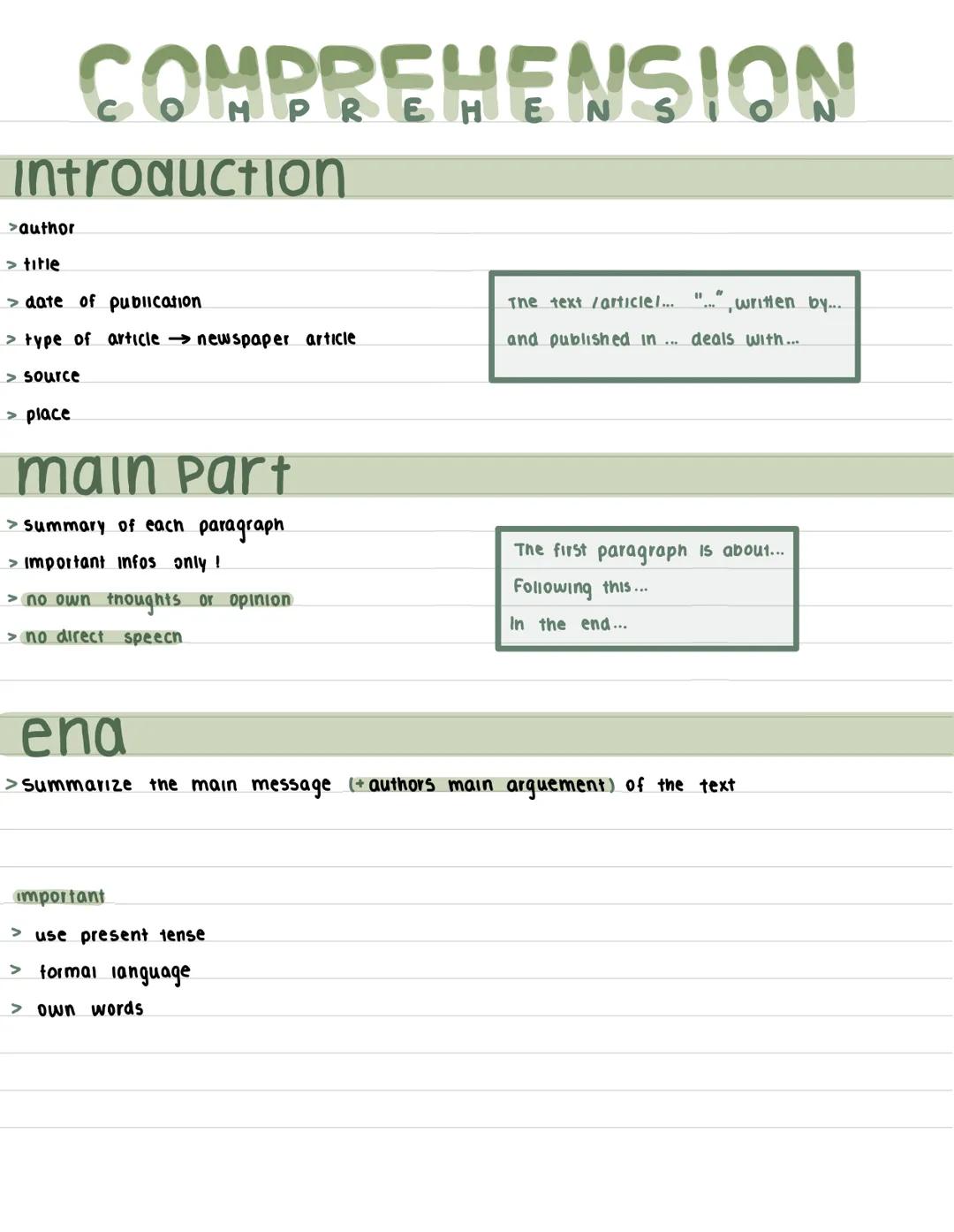 introduction
>author
COMPREHENSION
> title
>date of publication
> type of article → newspaper article
> source
> place
main part
> summary o