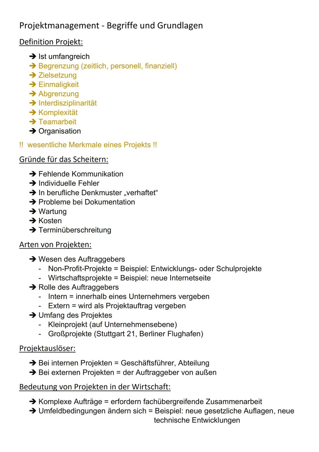 # Projektmanagement - Begriffe und Grundlagen

Definition Projekt:

→ Ist umfangreich
→ Begrenzung (zeitlich, personell, finanziell)
→ Ziels