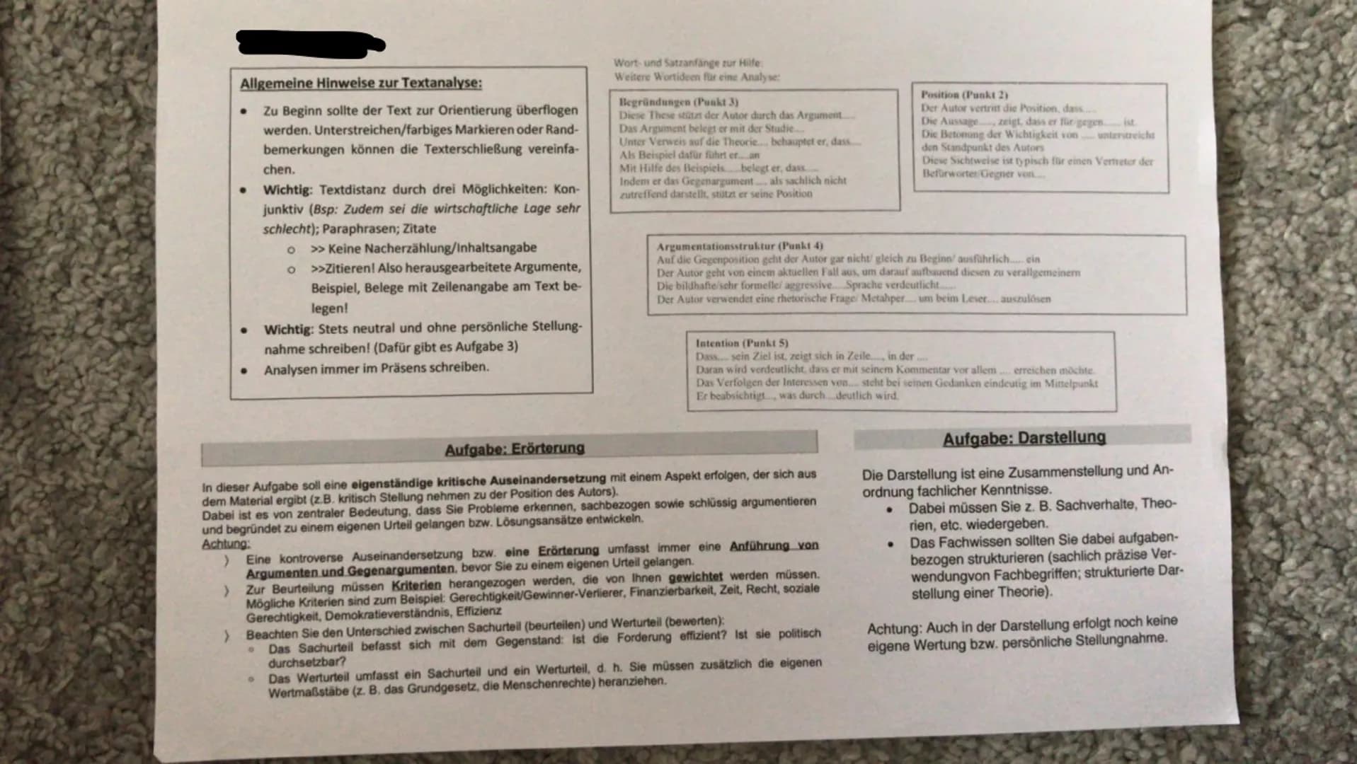 Methodenblatt: Textanalysen & Eröterung in Sozialwissenschaften (argumentativer Text)
1. Einleitung (WAS?)
a) Textsorte
b) Verfasser (& Funk