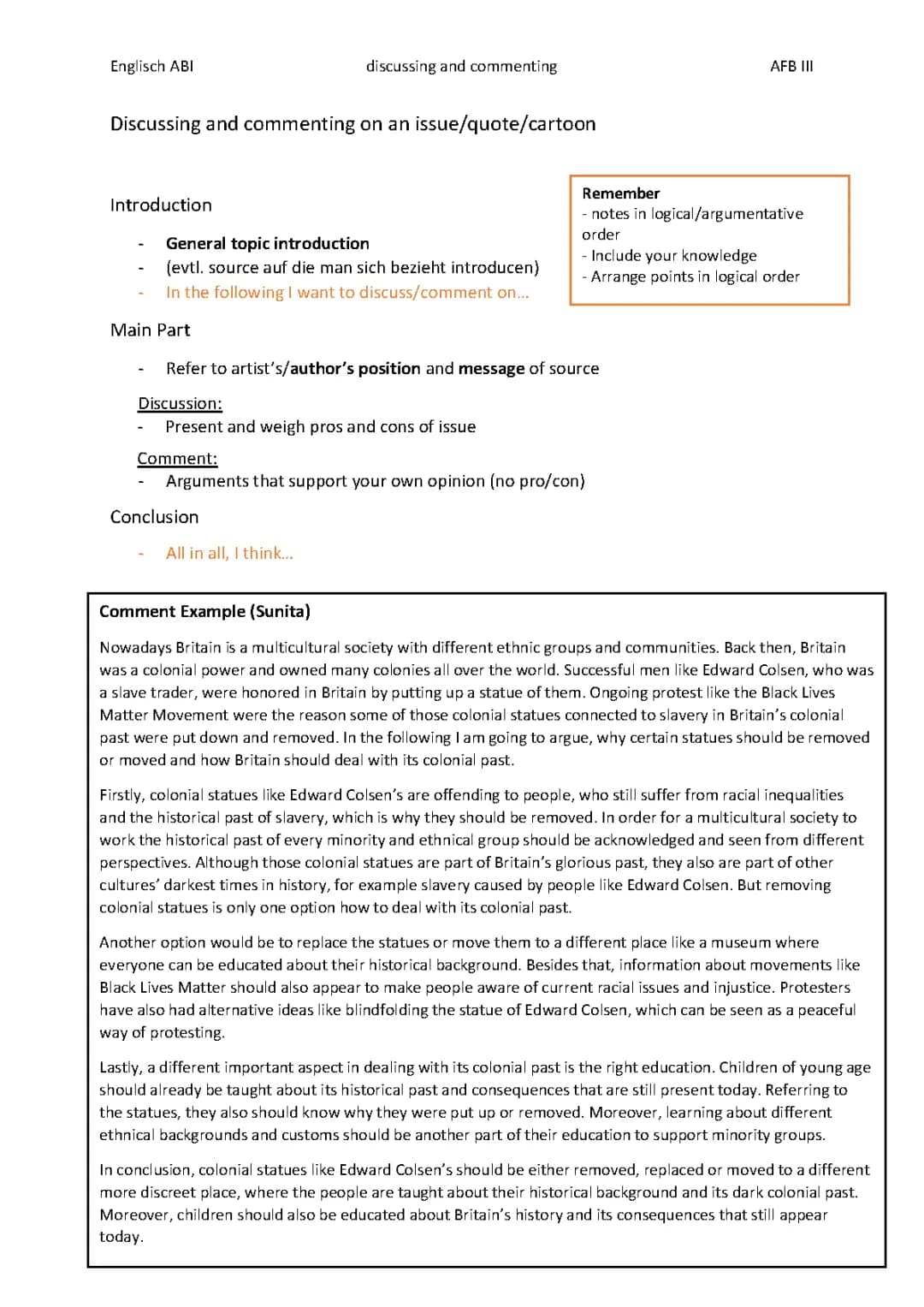 discussing/commenting aufbau mit beispieltext englisch