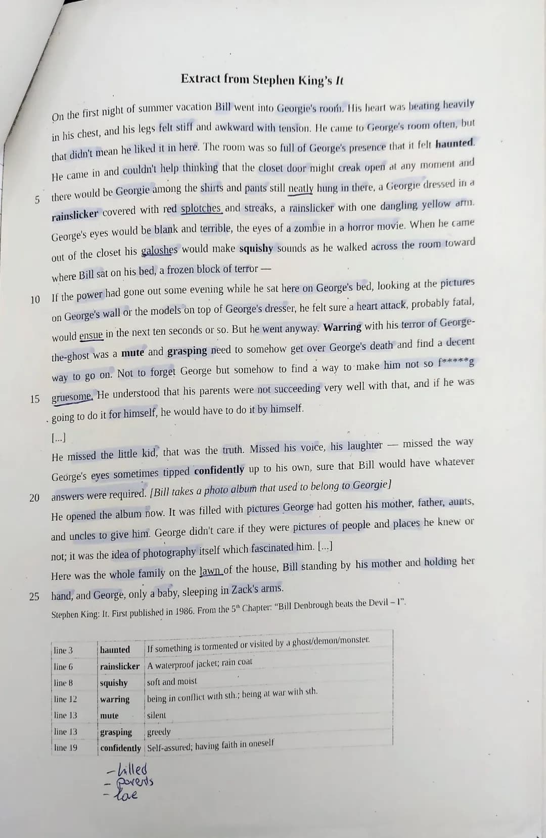 Kurs E1E12
Tasks:
Klausur
im Fach Englisch
Name: Cosima Luduig
16.06.2023
XGeN
Gellrich
1.) Summarize the extract from Stephen King's novel.