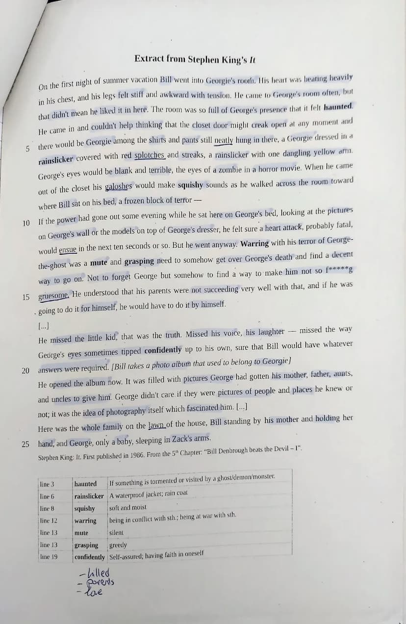 Kurs E1E12
Tasks:
Klausur
im Fach Englisch
Name: Cosima Luduig
16.06.2023
XGeN
Gellrich
1.) Summarize the extract from Stephen King's novel.
