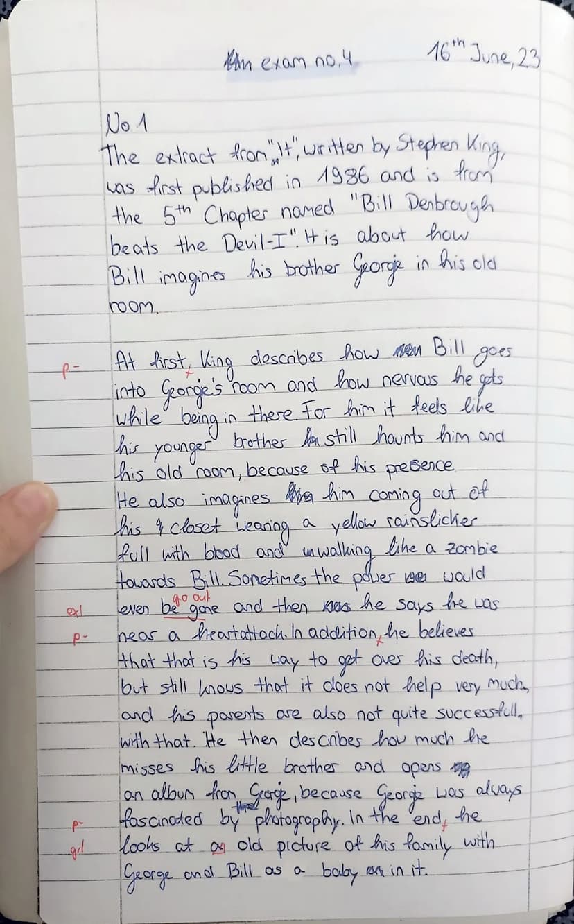Kurs E1E12
Tasks:
Klausur
im Fach Englisch
Name: Cosima Luduig
16.06.2023
XGeN
Gellrich
1.) Summarize the extract from Stephen King's novel.