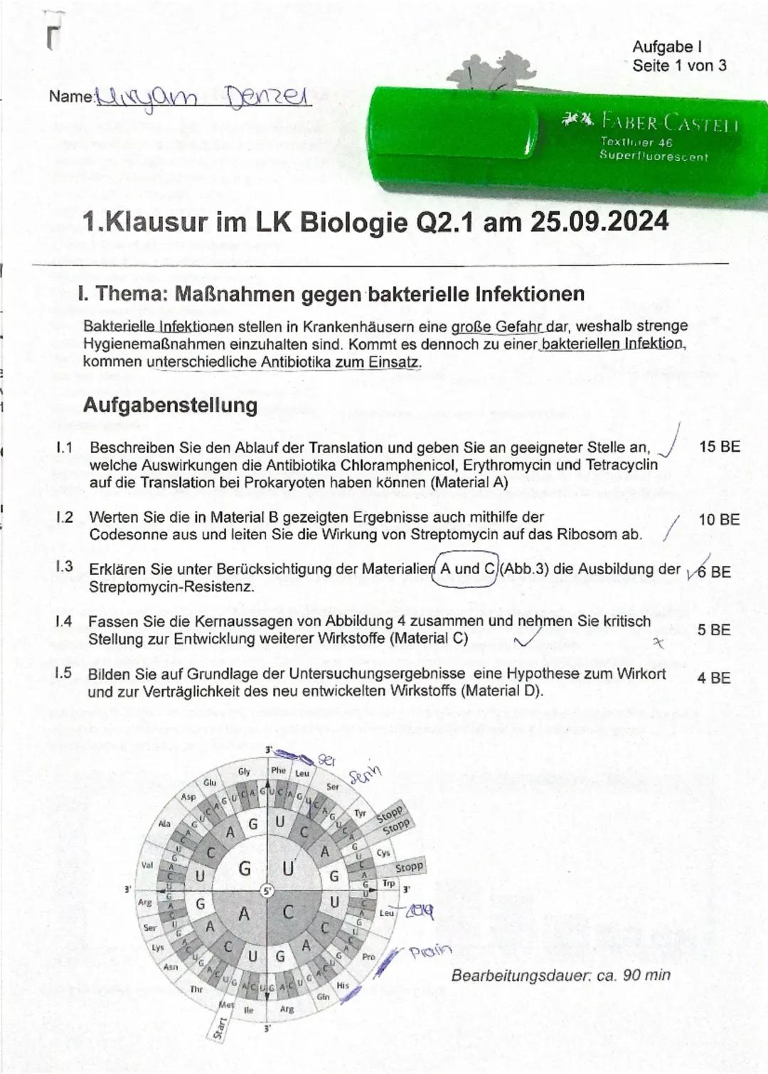 Bewertungsbogen zur 1. Klausur im LK Biologie Q2
Aufgabe I: Maßnahmen gegen bakterielle Infektionen
Teilaufgabe Anforderungen: Die Schülerin