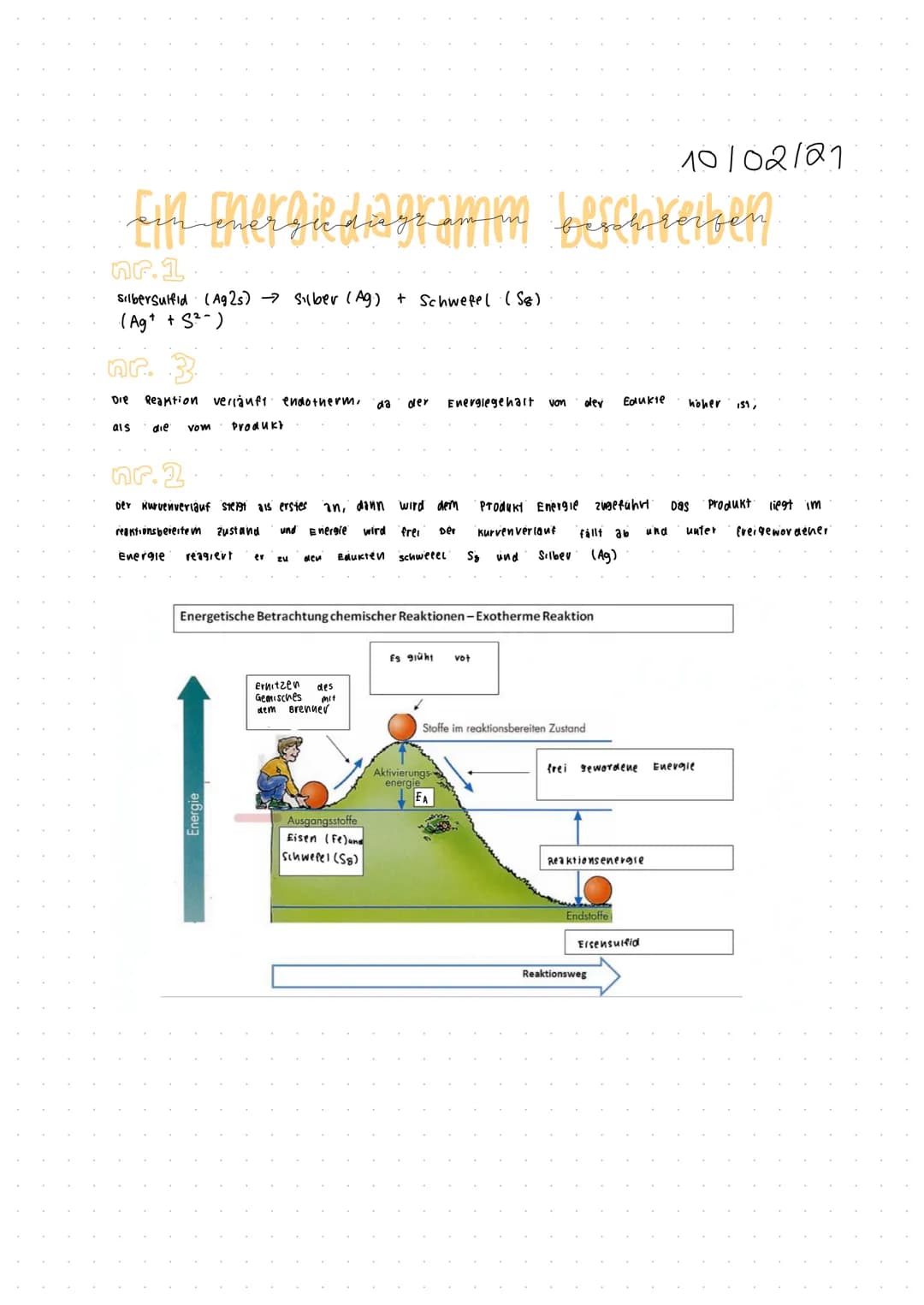 Ein Energidage amm beschreiben.
nr.1
Silbersulfid (Ag2s) Silber (Ag) + Schwefel (SB)
(Ag + + S²-)
Die Reaktion verläuft endotherm, da der
al