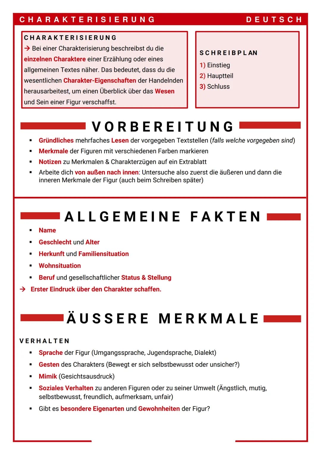 CHARAKTERISIERUNG
CHARAKTERISIERUNG
→ Bei einer Charakterisierung beschreibst du die
einzelnen Charaktere einer Erzählung oder eines
allgeme