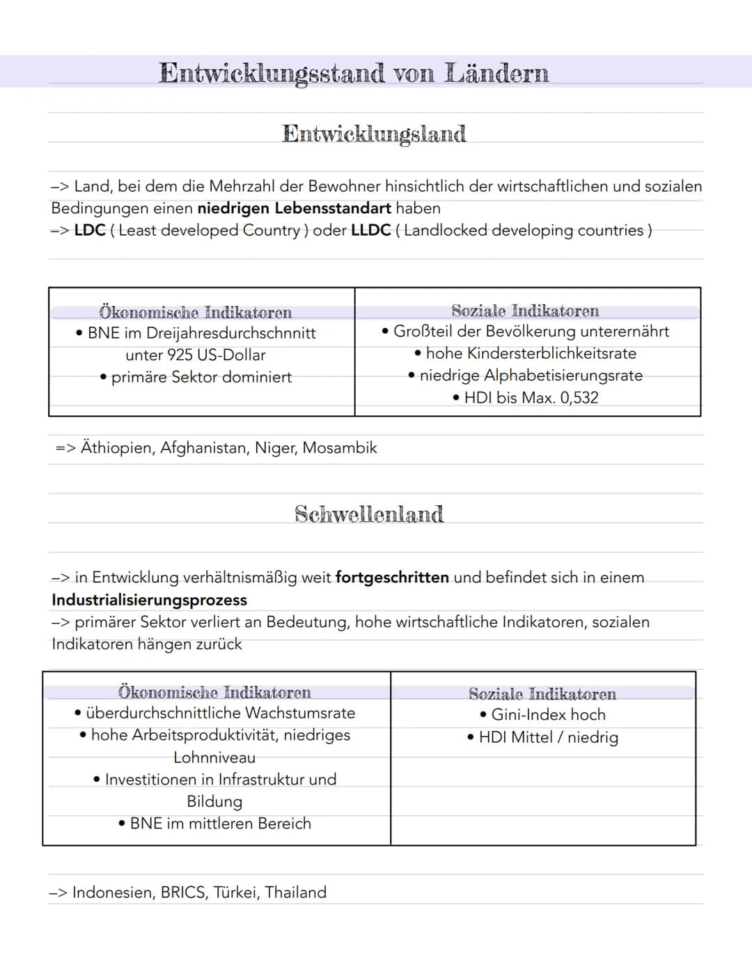 Entwicklungsstand von Ländern
Entwicklungsland
-> Land, bei dem die Mehrzahl der Bewohner hinsichtlich der wirtschaftlichen und sozialen
Bed